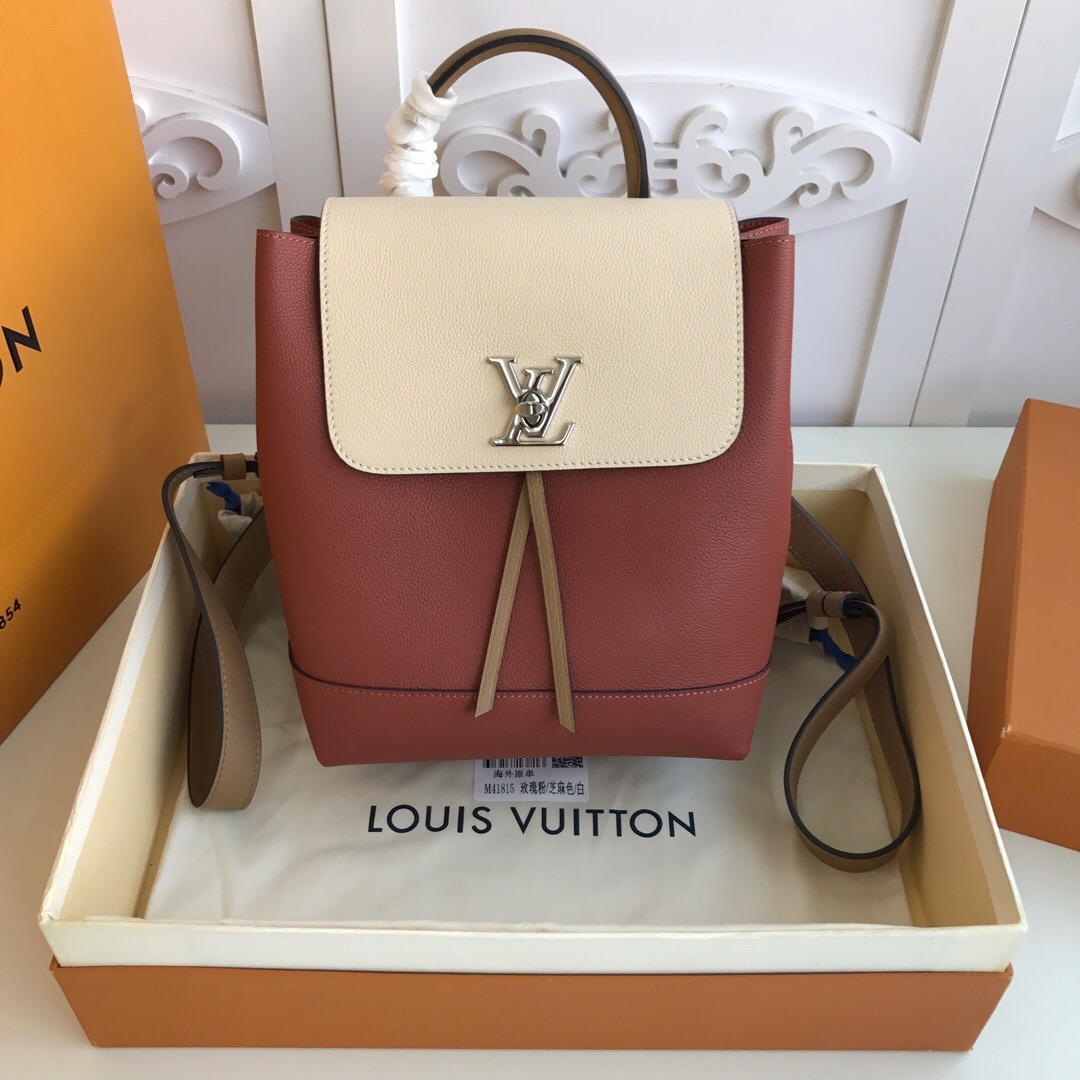 LV original M52734 LOCKME backpack rose pink with white stitching
