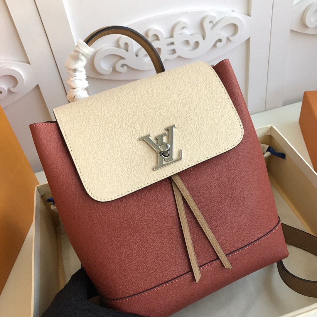LV original M52734 LOCKME backpack rose pink with white stitching